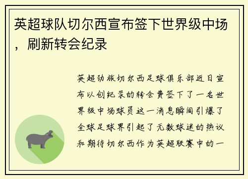 英超球队切尔西宣布签下世界级中场，刷新转会纪录